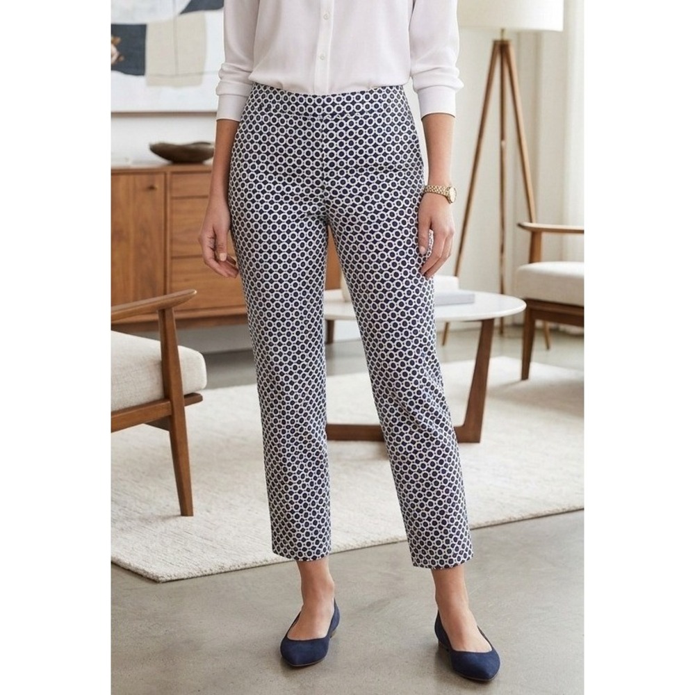 Talbots Ankle Pants Womens Size 10 Geometric Print Navy Cotton Stretch Slim Fit